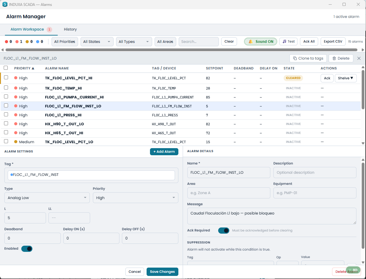 Captura del Induxa Alarm Manager con lista de alarmas, prioridades, estados y acciones de reconocimiento
