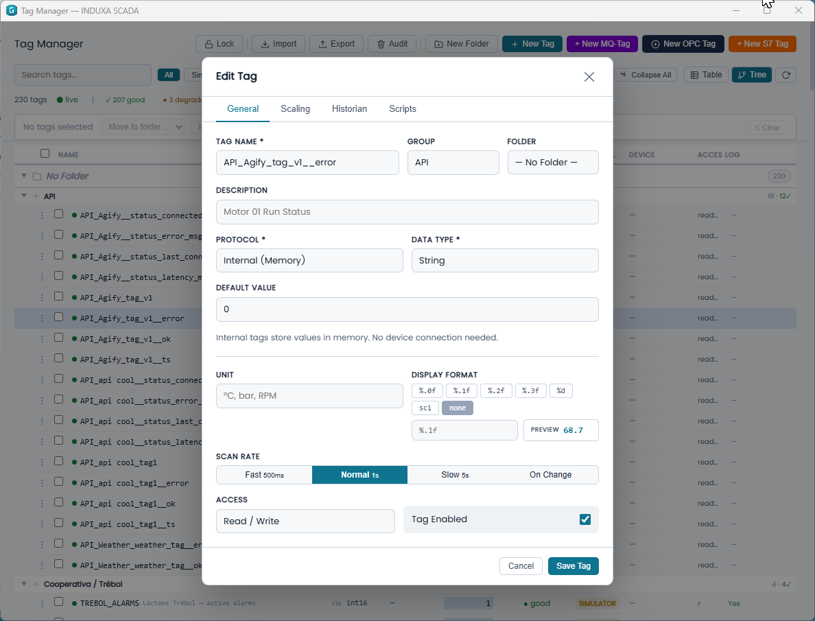 Captura del Induxa Tag Manager mostrando configuración de un tag con tabs de General, Scaling, Historian y Scripts